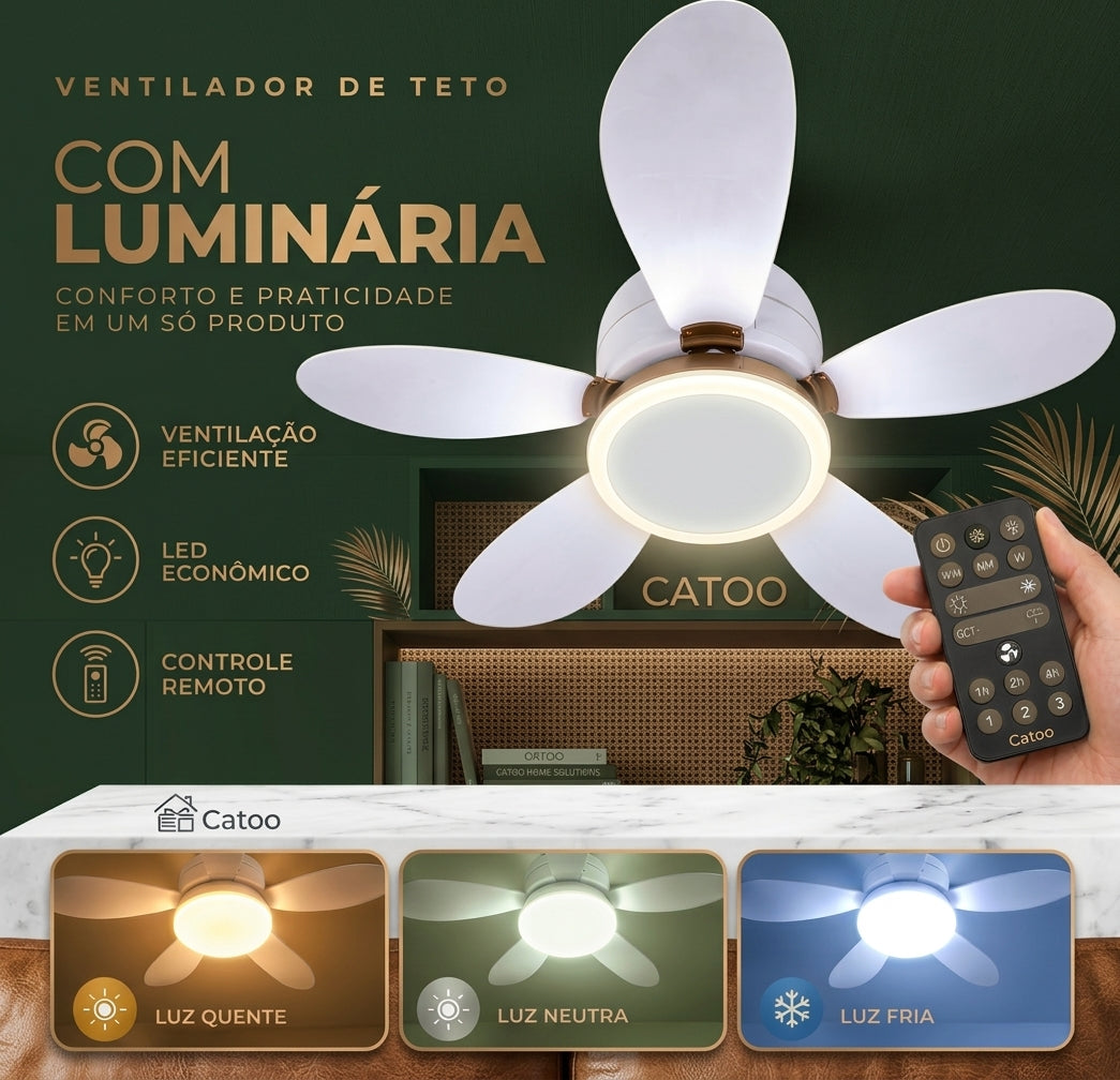 Ventilador de Teto Flowers 80W com Luminária LED, Controle Remoto e 3 Tons de Luz — Bivolt