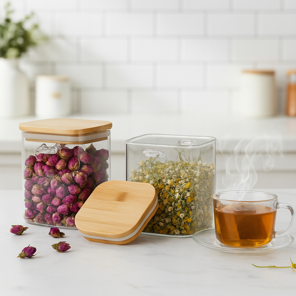 Kit Potes de vidro com tampa de bambu hermética - EcoGlass - 450 ml - Promoçao